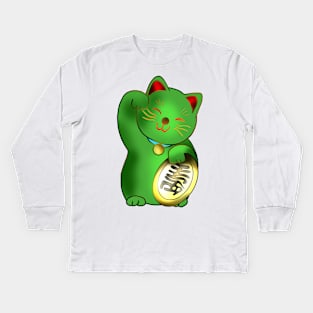 Green maneki lucky cat with coin Kids Long Sleeve T-Shirt